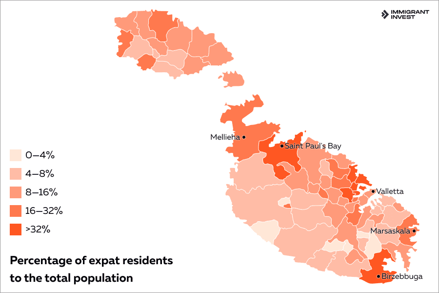 The percentage of foreigners in Malta by region | Living in Malta