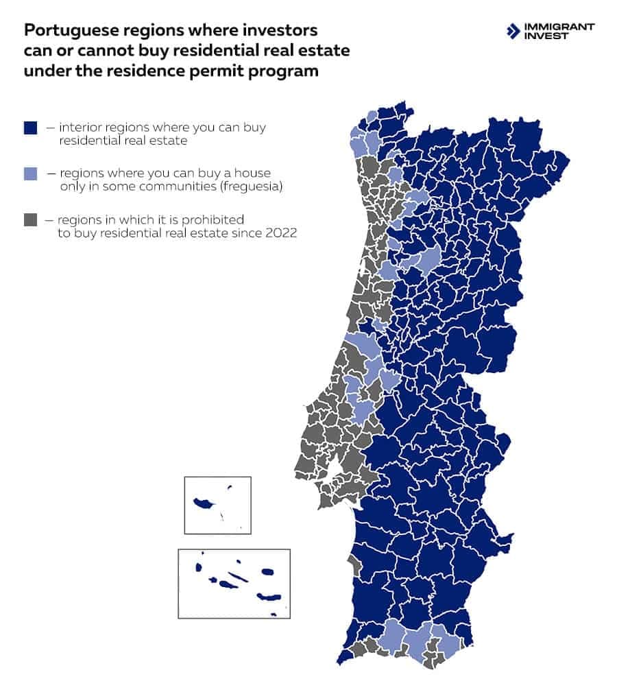 Map of municipalities of Portugal: where you can and cannot buy residential property to participate in the residence permit program by investment