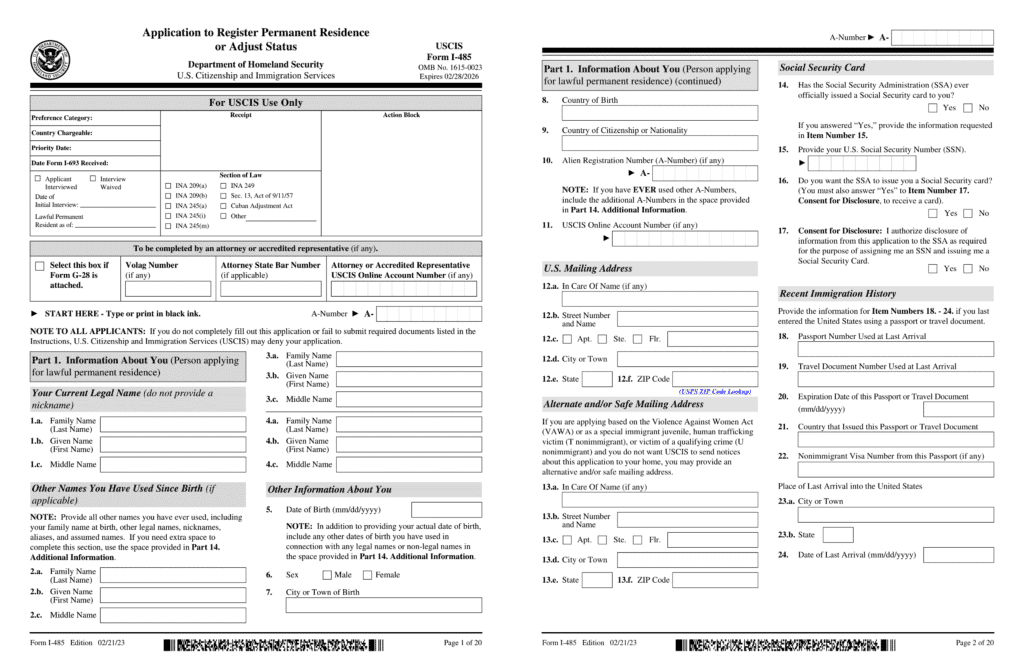 I-485 petition for the US permanent residence