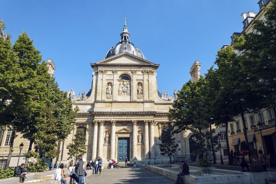 Residence permit in France for study. View of the old building of the Sorbonne University and the square in front of it